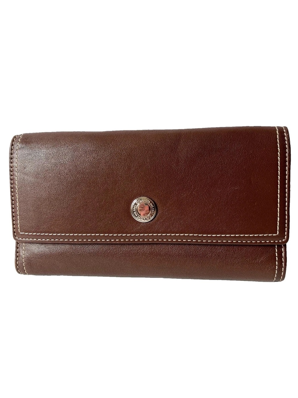 Vintage Coach Brown Leather Long Continental Button Wallet Large Trifold